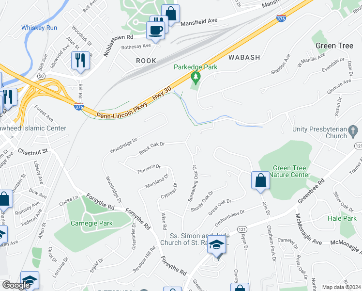 map of restaurants, bars, coffee shops, grocery stores, and more near 115 Black Oak Drive in Pittsburgh