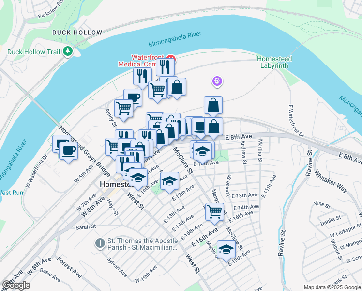 map of restaurants, bars, coffee shops, grocery stores, and more near 412 East 8th Avenue in Munhall