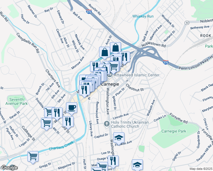 map of restaurants, bars, coffee shops, grocery stores, and more near in Carnegie