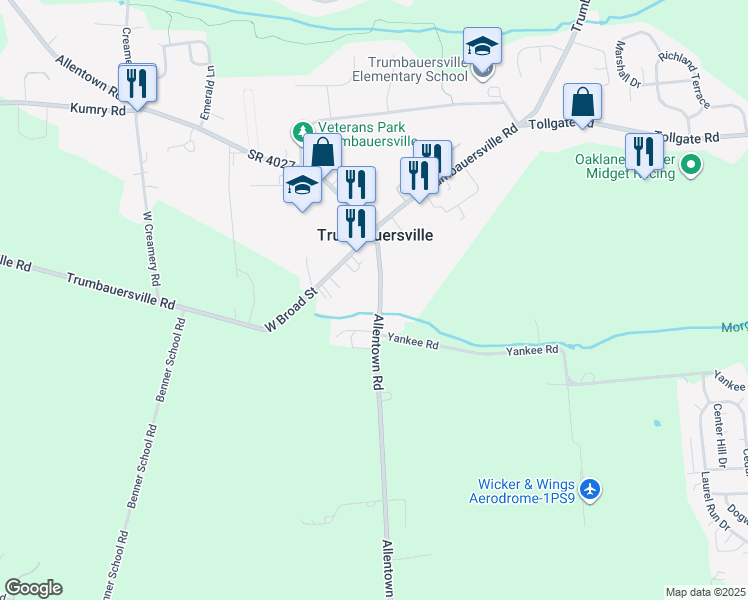 map of restaurants, bars, coffee shops, grocery stores, and more near 34 Main Street South in Quakertown
