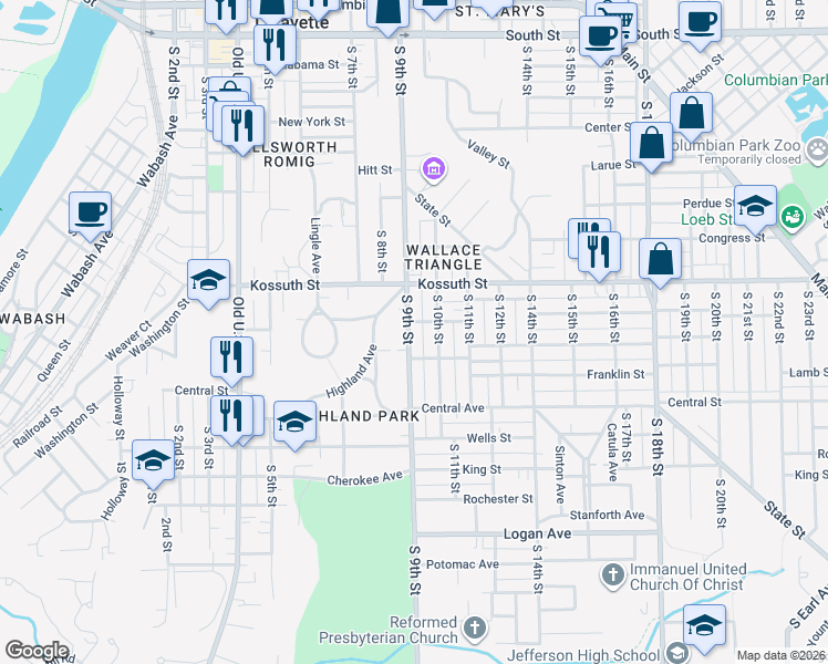 map of restaurants, bars, coffee shops, grocery stores, and more near 805 South 9th Street in Lafayette