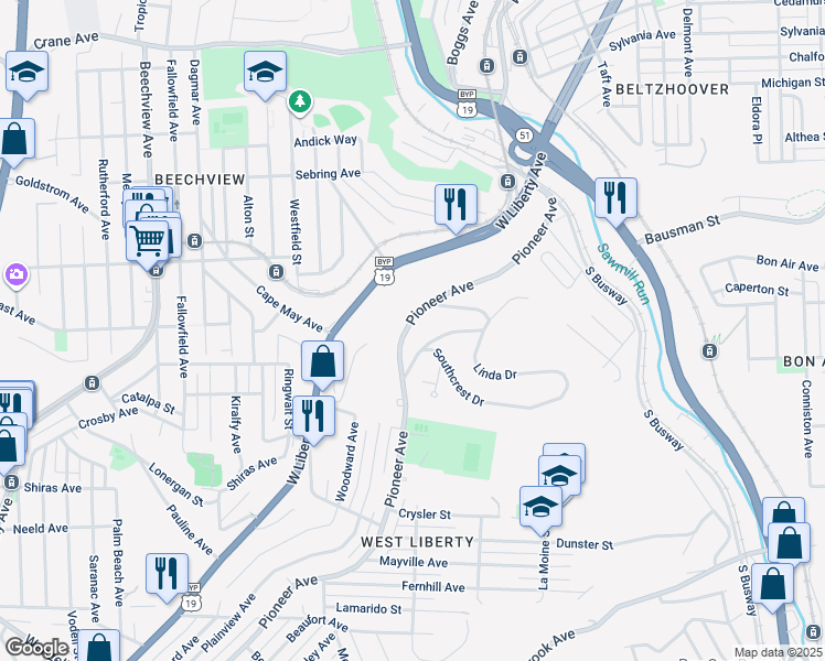 map of restaurants, bars, coffee shops, grocery stores, and more near 1649 Pioneer Avenue in Pittsburgh