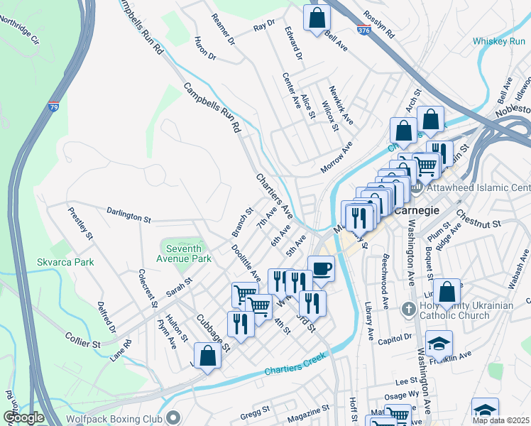 map of restaurants, bars, coffee shops, grocery stores, and more near 120 7th Avenue in Carnegie