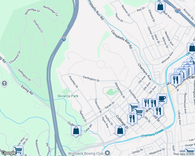 map of restaurants, bars, coffee shops, grocery stores, and more near 766 Darlington Street in Carnegie