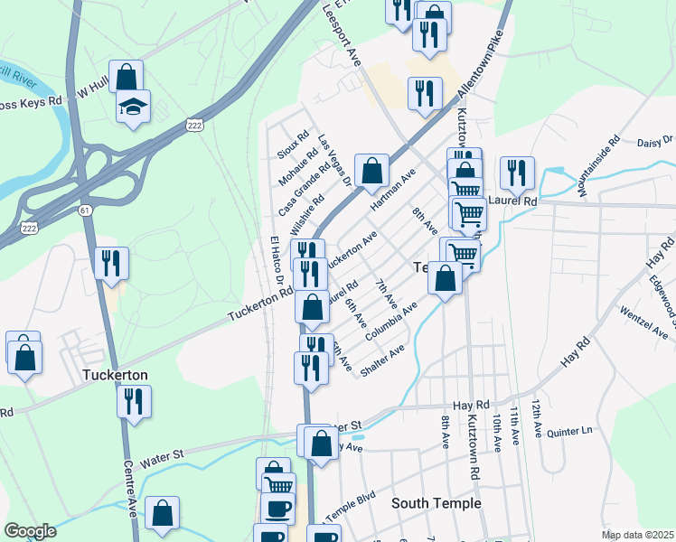 map of restaurants, bars, coffee shops, grocery stores, and more near 608 Tuckerton Avenue in Temple
