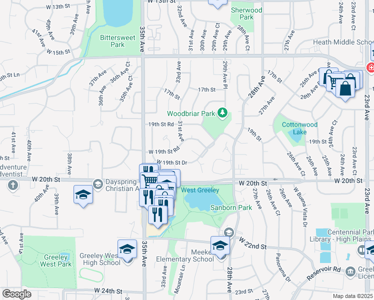 map of restaurants, bars, coffee shops, grocery stores, and more near 1929 29th Avenue in Greeley