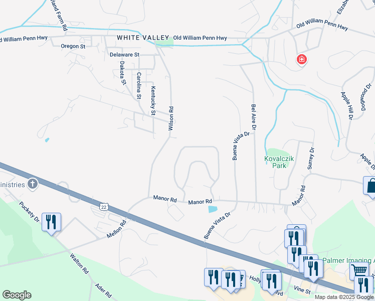 map of restaurants, bars, coffee shops, grocery stores, and more near 2367 Wheatland Circle in Delmont