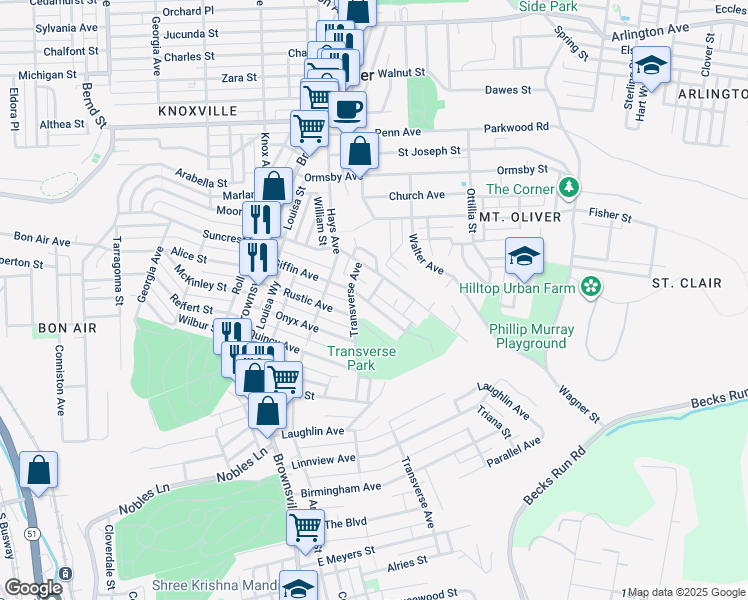 map of restaurants, bars, coffee shops, grocery stores, and more near 500 Giffin Avenue in Pittsburgh