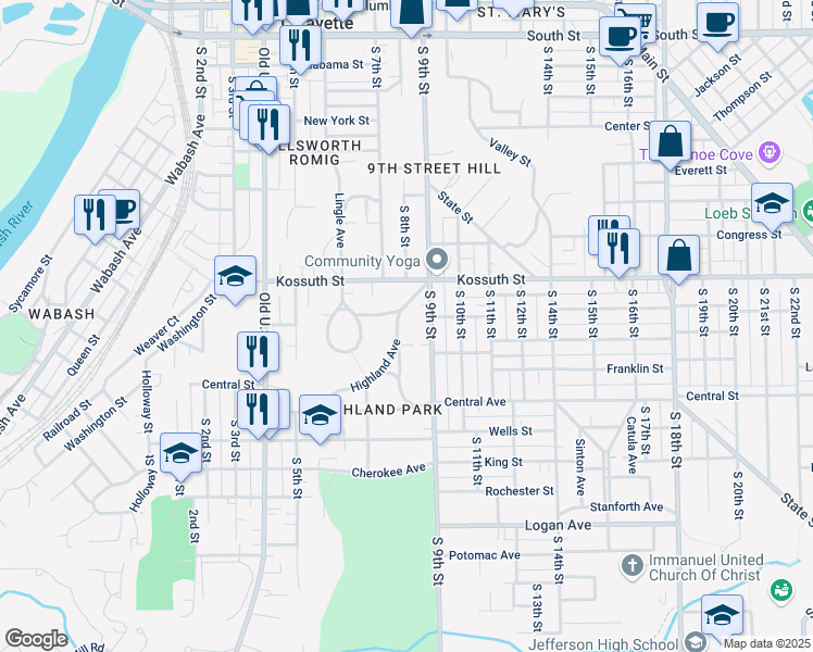 map of restaurants, bars, coffee shops, grocery stores, and more near 807 Highland Avenue in Lafayette