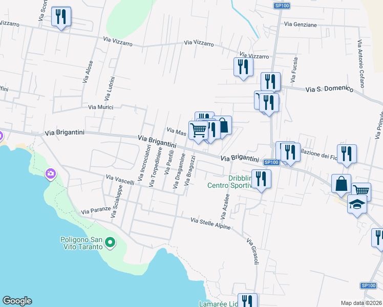map of restaurants, bars, coffee shops, grocery stores, and more near 1 Via Brigantini in Taranto