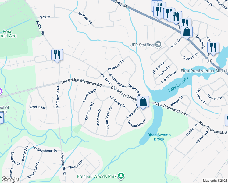 map of restaurants, bars, coffee shops, grocery stores, and more near 4371 County Road 516 in Matawan