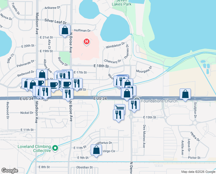 map of restaurants, bars, coffee shops, grocery stores, and more near 2012 Cheyenne Avenue in Loveland