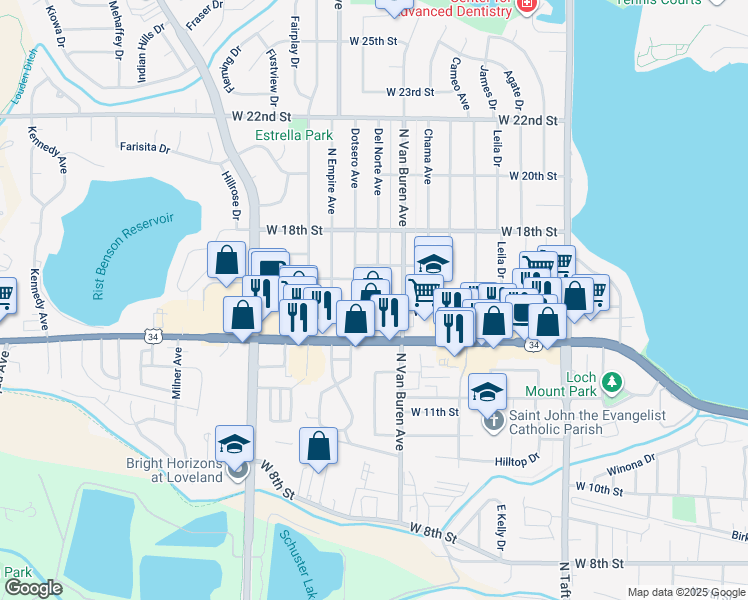 map of restaurants, bars, coffee shops, grocery stores, and more near 1909 West 15th Street in Loveland
