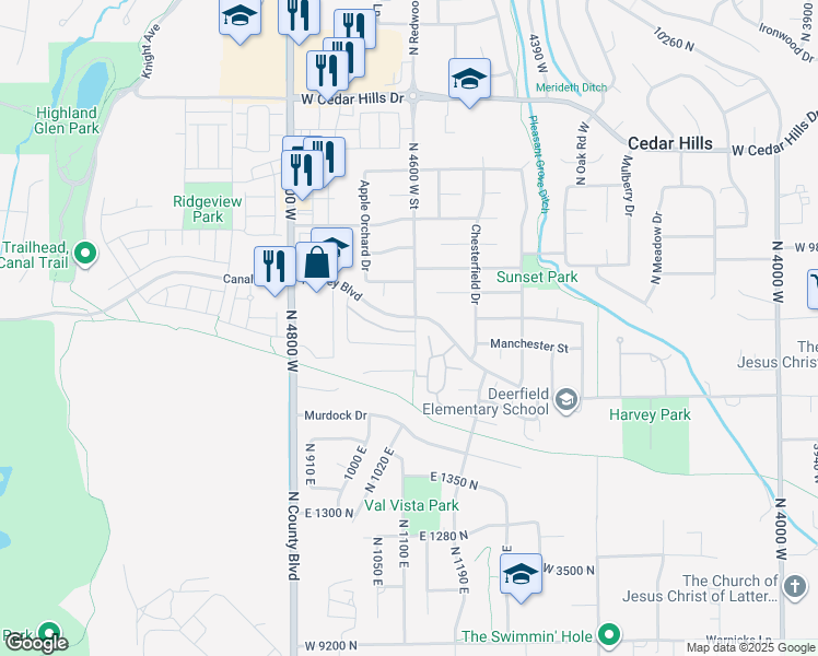 map of restaurants, bars, coffee shops, grocery stores, and more near 4640 Ferguson Way in Cedar Hills