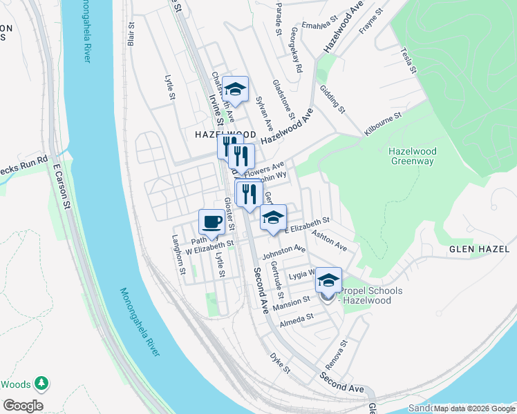 map of restaurants, bars, coffee shops, grocery stores, and more near 130 Tecumseh Street in Pittsburgh
