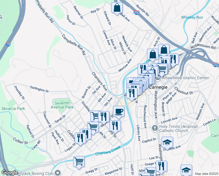 map of restaurants, bars, coffee shops, grocery stores, and more near 100 6th Avenue in Carnegie