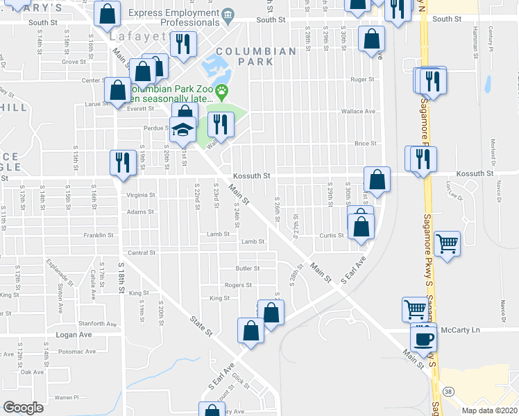 map of restaurants, bars, coffee shops, grocery stores, and more near 2508 Main Street in Lafayette