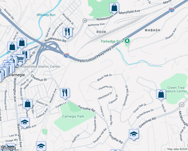 map of restaurants, bars, coffee shops, grocery stores, and more near 166 Woodridge Drive in Carnegie