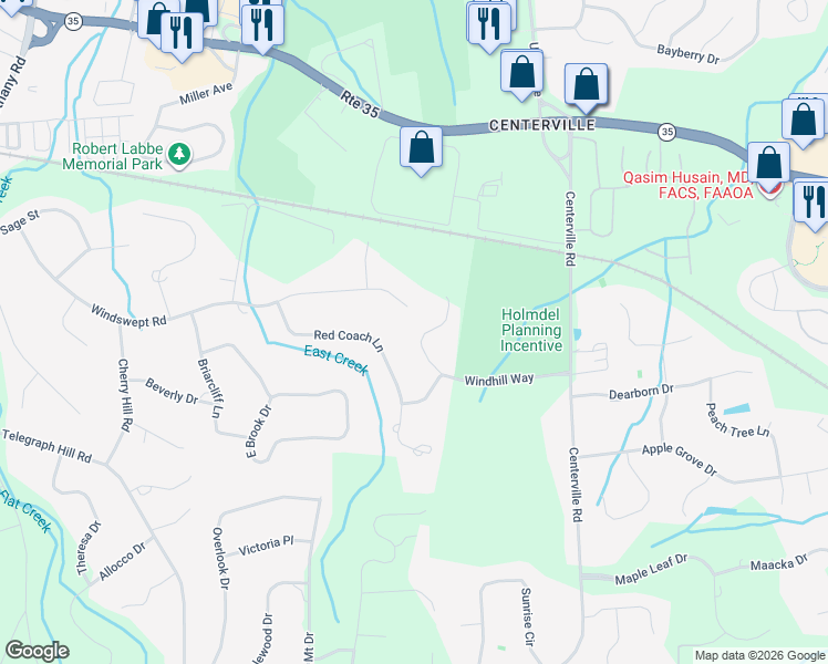 map of restaurants, bars, coffee shops, grocery stores, and more near 27 Windhill Way in Holmdel