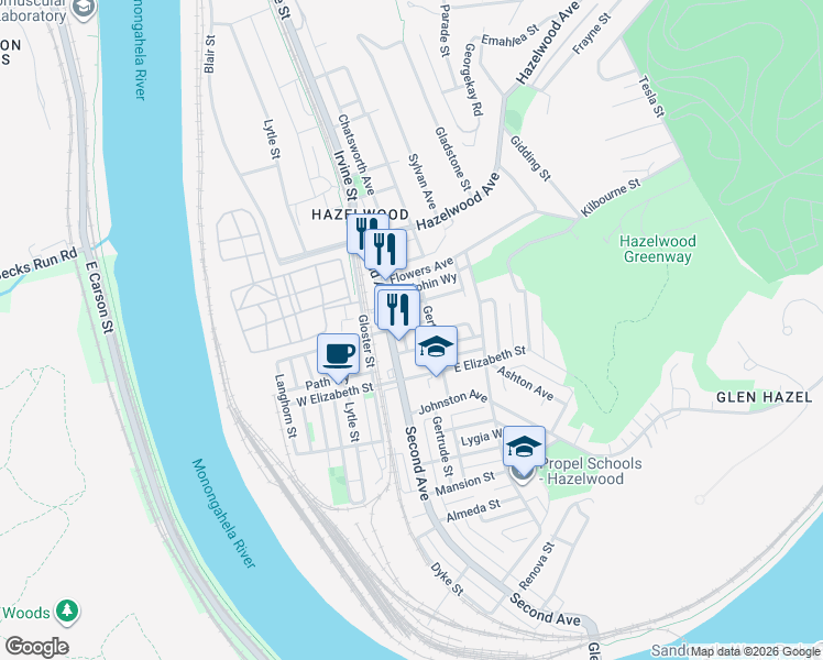 map of restaurants, bars, coffee shops, grocery stores, and more near 120 Tecumseh Street in Pittsburgh