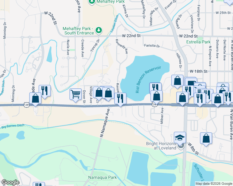 map of restaurants, bars, coffee shops, grocery stores, and more near 1507 Kennedy Avenue in Loveland