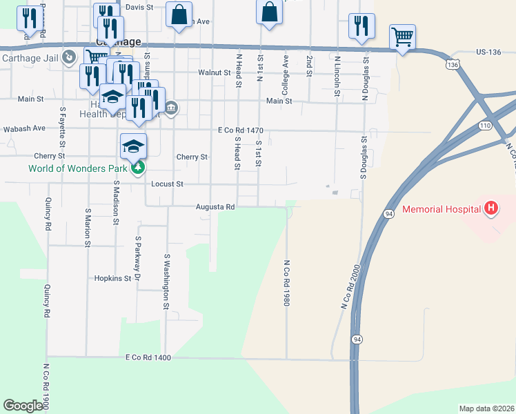 map of restaurants, bars, coffee shops, grocery stores, and more near 1001 Augusta Road in Carthage
