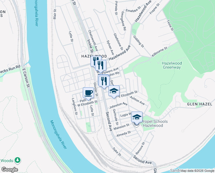 map of restaurants, bars, coffee shops, grocery stores, and more near 130 Tecumseh Street in Pittsburgh