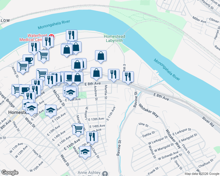 map of restaurants, bars, coffee shops, grocery stores, and more near 100 Grant Street in Homestead