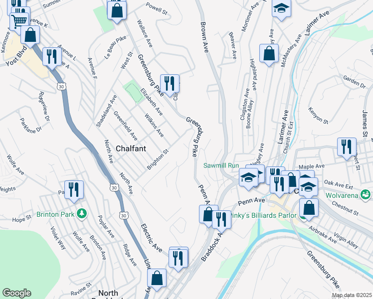 map of restaurants, bars, coffee shops, grocery stores, and more near 101 Peter Street in East Pittsburgh