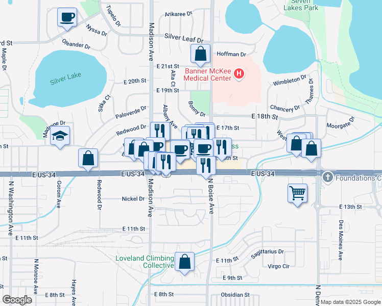 map of restaurants, bars, coffee shops, grocery stores, and more near 1463 East Eisenhower Boulevard in Loveland
