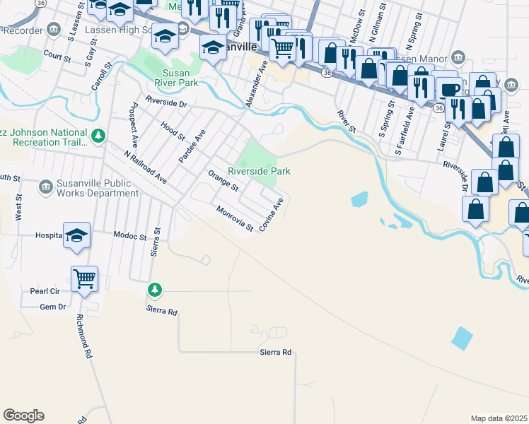 map of restaurants, bars, coffee shops, grocery stores, and more near 5 Upland Street in Susanville