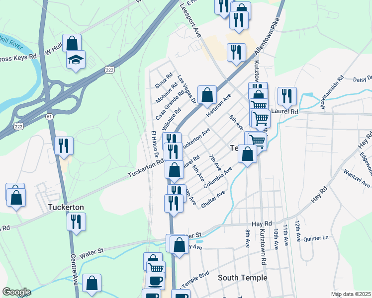 map of restaurants, bars, coffee shops, grocery stores, and more near 604 Tuckerton Avenue in Temple