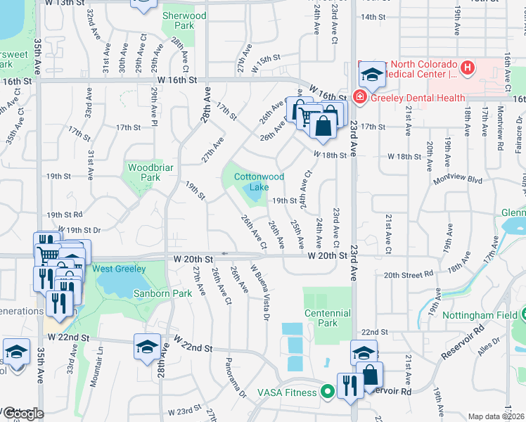 map of restaurants, bars, coffee shops, grocery stores, and more near 1912 26th Avenue in Greeley