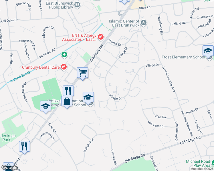 map of restaurants, bars, coffee shops, grocery stores, and more near 39 Walton Court in East Brunswick