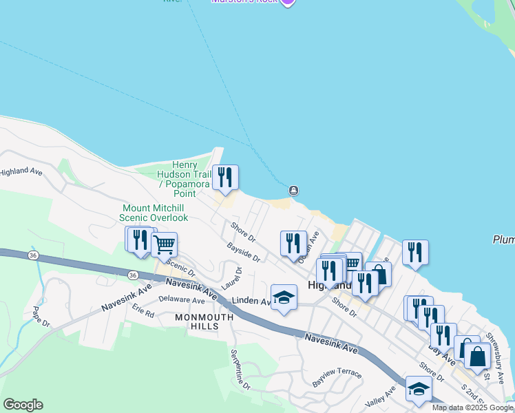 map of restaurants, bars, coffee shops, grocery stores, and more near 330 Shore Drive in Highlands