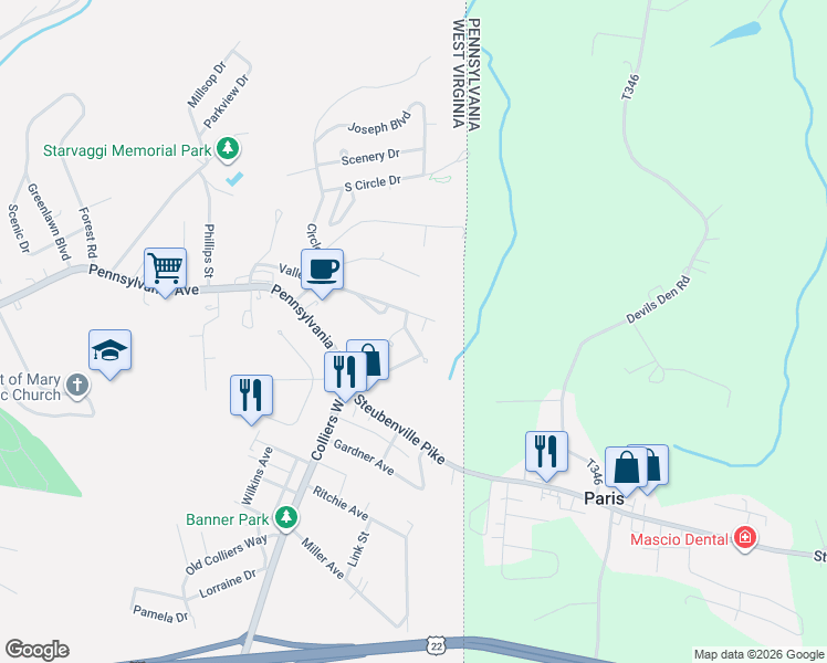 map of restaurants, bars, coffee shops, grocery stores, and more near 203 Gregory Street in Weirton