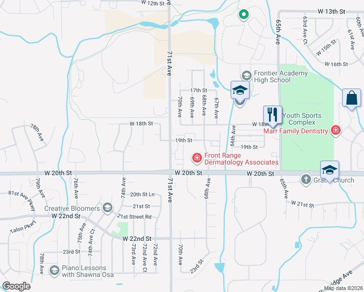 map of restaurants, bars, coffee shops, grocery stores, and more near 1904 71st Avenue in Greeley