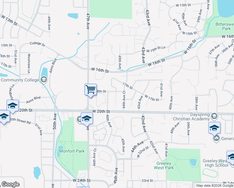 map of restaurants, bars, coffee shops, grocery stores, and more near 1810 45th Avenue in Greeley