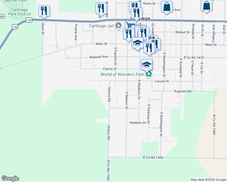 map of restaurants, bars, coffee shops, grocery stores, and more near 401-499 Quincy Road in Carthage