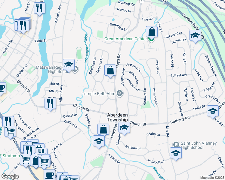 map of restaurants, bars, coffee shops, grocery stores, and more near 555 Lloyd Road in Monmouth County