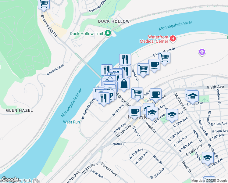 map of restaurants, bars, coffee shops, grocery stores, and more near 163 East Bridge Street in Homestead