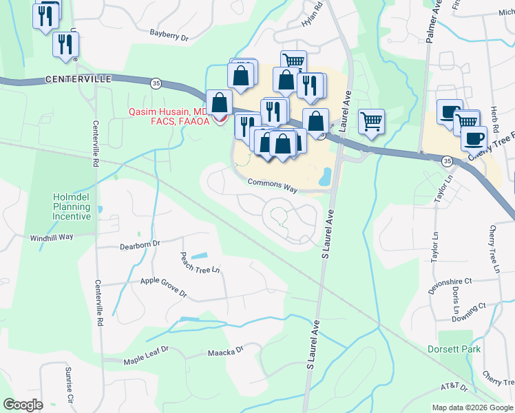 map of restaurants, bars, coffee shops, grocery stores, and more near 48 Londonberry Drive in Holmdel