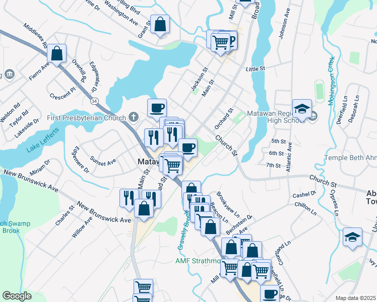 map of restaurants, bars, coffee shops, grocery stores, and more near 249 Broad Street in Matawan