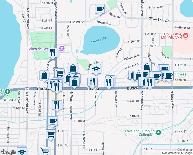map of restaurants, bars, coffee shops, grocery stores, and more near 1500 Monroe Avenue in Loveland