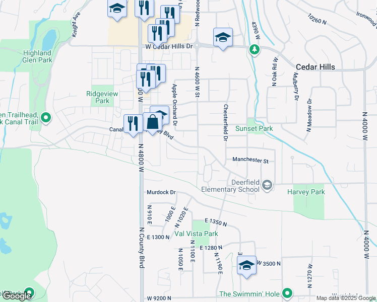 map of restaurants, bars, coffee shops, grocery stores, and more near 4631 West Harvey Boulevard in Cedar Hills
