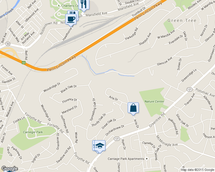 map of restaurants, bars, coffee shops, grocery stores, and more near 190 Arla Drive in Pittsburgh