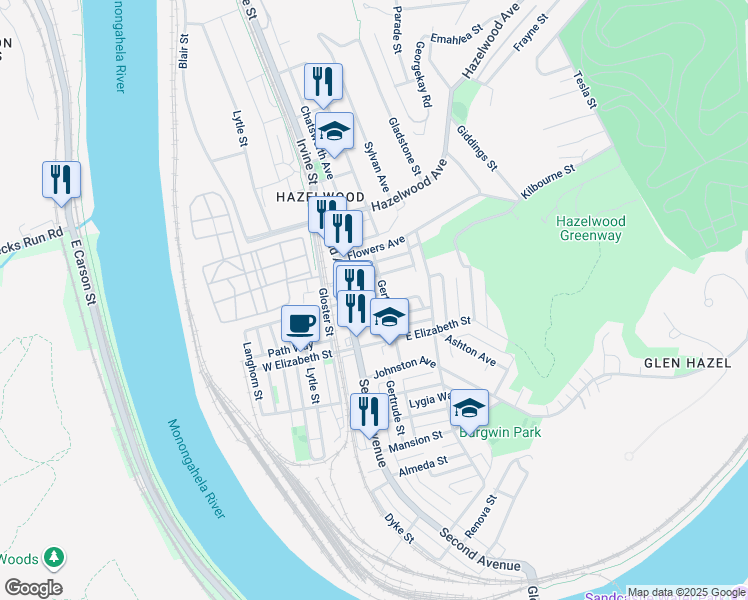 map of restaurants, bars, coffee shops, grocery stores, and more near 130 Tecumseh Street in Pittsburgh