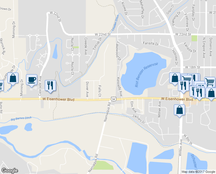 map of restaurants, bars, coffee shops, grocery stores, and more near 3201 West Eisenhower Boulevard in Loveland