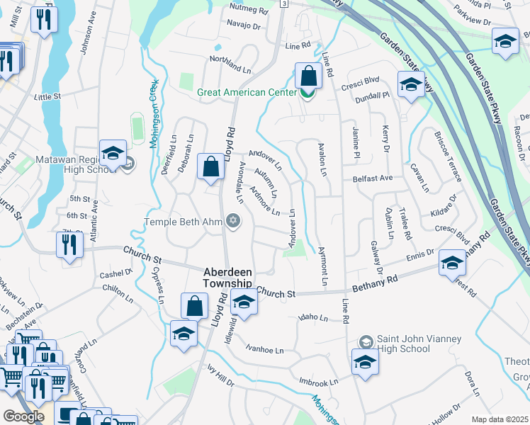 map of restaurants, bars, coffee shops, grocery stores, and more near 21 Ardmore Lane in Aberdeen Township