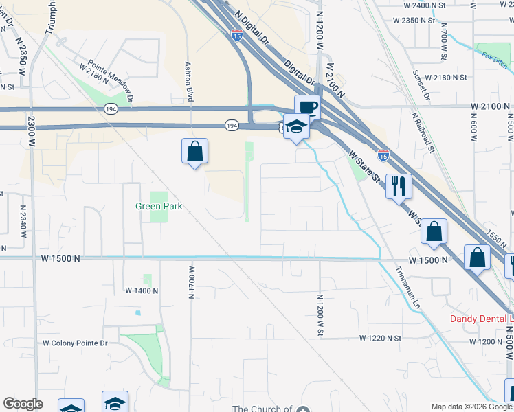 map of restaurants, bars, coffee shops, grocery stores, and more near 1775 North 1400 West Street in Lehi